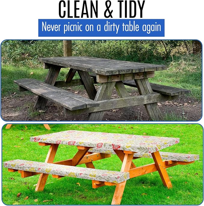 Premium Picnic Table Cover with Bench Covers Vinyl Fitted picnic table covers with Elastic RV Camping Accessories and Camper must haves Waterproof (Floral, 96 x 30(8ft) with skewers