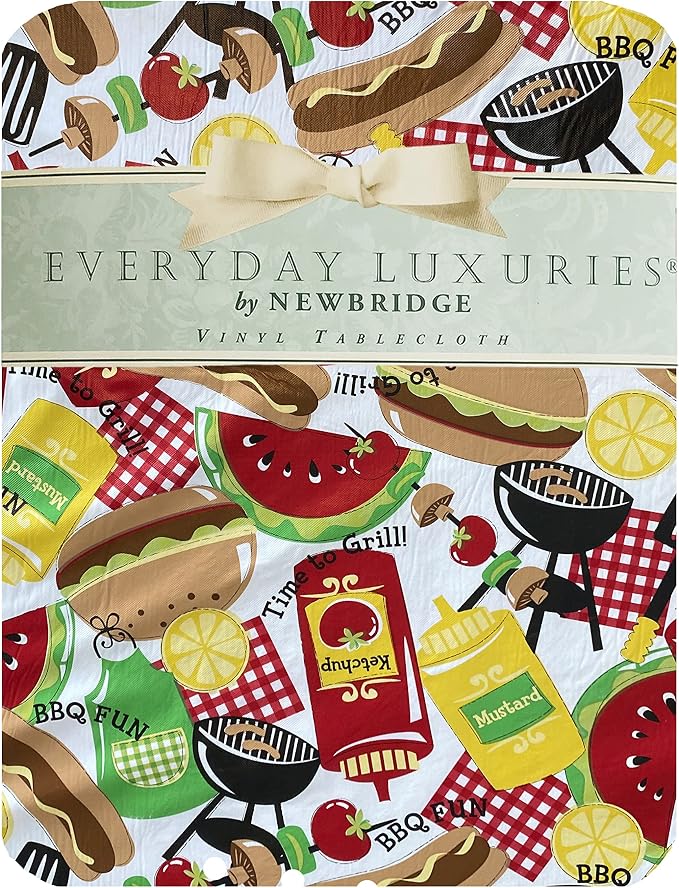Newbridge Summer Memories Vinyl Tablecloth, 60 Inch x 84 Inch Oval | Retro Barbeque Print, Flannel Backing, Kitschy Nostalgic BBQ Print, Easy Care Indoor Outdoor Table Cover