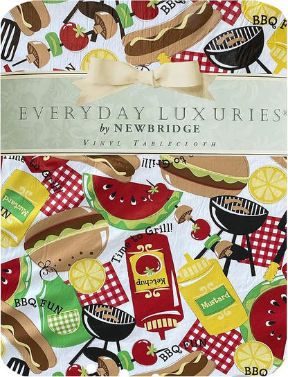 Newbridge Summer Memories Vinyl Tablecloth, 60 Inch x 84 Inch Oval | Retro Barbeque Print, Flannel Backing, Kitschy Nostalgic BBQ Print, Easy Care Indoor Outdoor Table Cover