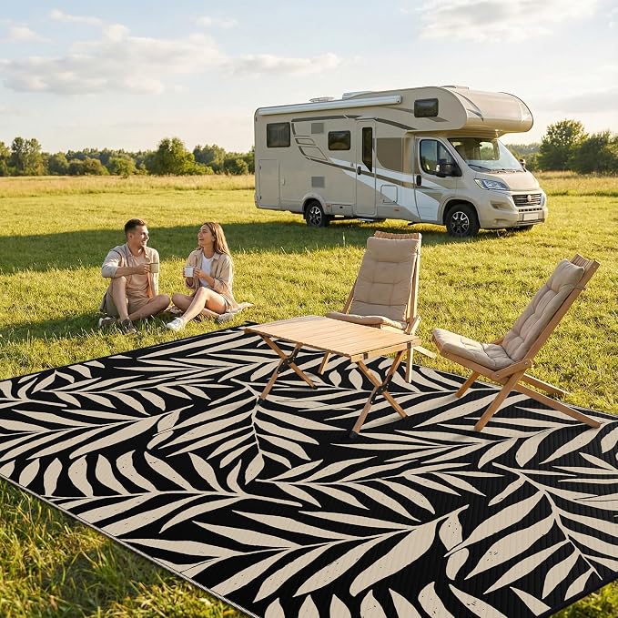 Smiry Outdoor Rug 9x12 ft Waterproof Reversible Leaf Mat, Black & Beige | Polypropylene Plastic Straw, Quick Drying, Lightweight Foldable, for Patio, Deck, RV Camping, Backyard and Indoor Outdoor Use