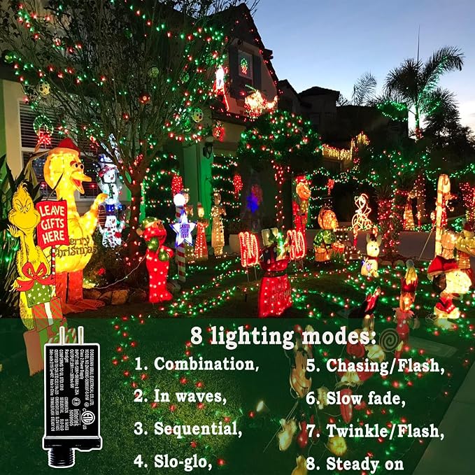 KNONEW Outdoor Christmas Lights 500 LED 197ft String Lights 8 Modes & Memory Fairy Light Plug in Waterproof LED String Lights for Xmas Yard Tree Wedding Decoration (Red and Green)