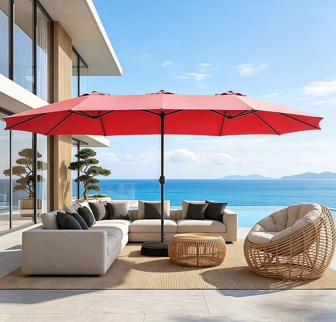 15ft Patio Umbrella with Base, 10-Year-No-Fade Large Outdoor Double-Sided Market Umbrella with UPF50+Terylene Polyester Fabric and Crank for Poolside Garden Deck Backyard Beach Pools