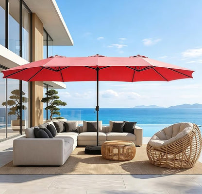 15ft Patio Umbrella with Base, 10-Year-No-Fade Large Outdoor Double-Sided Market Umbrella with UPF50+Terylene Polyester Fabric and Crank for Poolside Garden Deck Backyard Beach Pools
