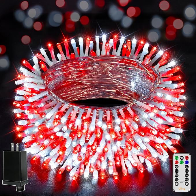 Ollny Christmas Lights Outdoor 800LED 262FT, Red and White Plug in Fairy Lights with Remote, 8 Modes Waterproof Timers Dimmable LED String Lights for Indoor House Outside Bedroom Patio Balcony