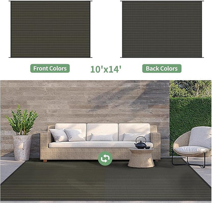 GENIMO Outdoor Rug, Waterproof Plastic Rugs for Patio, 9'x12' Ebony Brown | Outside Larger Modern Carpet Mat for Patio Decor, RV, Porch, Camper, Deck, Picnic, Beach, Backyard, Reversible, Foldable