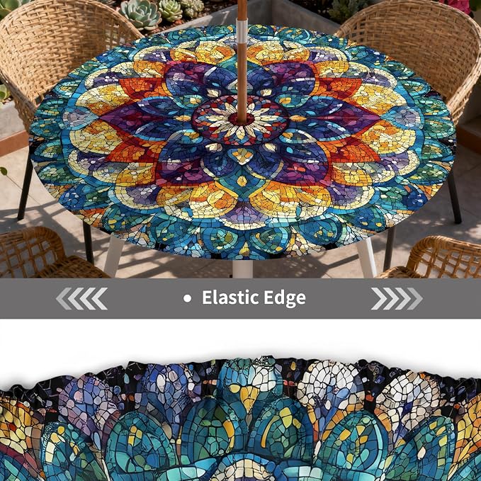 Outdoor Tablecloth with Umbrella Hole and Zipper Fits 53-60" Tables | Waterproof Round Fitted Tablecloth with Elastic Edge, Wipeable Outdoor Table Cover for Patio, Garden, Picnic