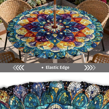 Outdoor Tablecloth with Umbrella Hole and Zipper Fits 53-60" Tables | Waterproof Round Fitted Tablecloth with Elastic Edge, Wipeable Outdoor Table Cover for Patio, Garden, Picnic