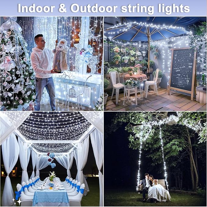 131FT 400 LED Outdoor String Lights, White Christmas String Lights Indoor | Plug in Waterproof 8 Modes Clear Wire Twinkle Fairy Lights for Bedroom Outside Patio Yard Xmas Party Holiday Decorations