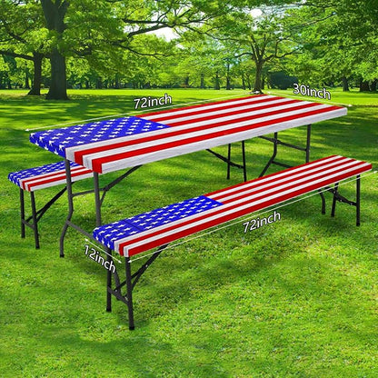 JAWO American Flag Picnic Table Cover with Bench Covers Vintage Camping RV Essentials Waterproof Windproof Fitted Outdoor Tablecloth with Elastic Rectangle Table Cloth Camping Accessories, 30x96in
