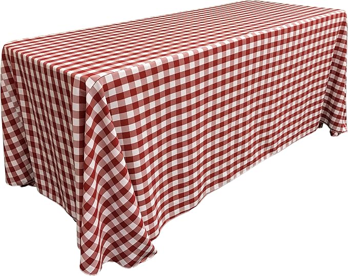 LA Linen TCcheck90x132-RedK98 Polyester Gingham Checkered Rectangular Tablecloth, White & Red - 90 x 132 in.