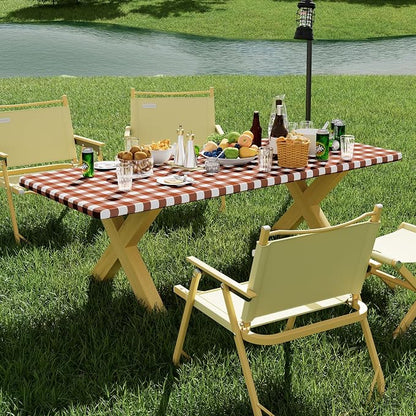 Smiry Picnic Table Cloth 2 Pack, Waterproof Elastic Fitted Tablecloths for 6FT Rectangle Tables, Washable Polyester Buffalo Plaid Tablecloth for Camping, Dining & Outdoor (Rust & White, 30" x 72")