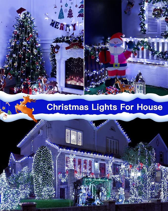196FT 600 LED Christmas Lights Outdoor Waterproof, Timer & Memory Function, 8 Modes Blue White String Lights Plug in Twinkle Lights for Xmas Tree Holiday Garden Indoor Party Decor