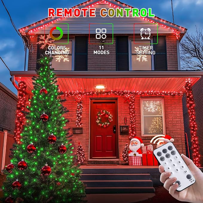 JMEXSUSS 66ft 200 LED Color Changing Christmas Lights, Red & Green | Plug in, Connectable, String Lights with Remote, Waterproof Christmas Lights for Tree Party Yard Halloween Xmas Decor