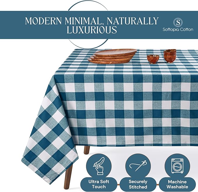 Buffalo Plaid Check 60"x84" Tablecloth 100% Cotton Washable Rustic Rectangle Table Cover Decorative for Gifts, Dining, BBQ, Buffet Parties & Camping - Teal