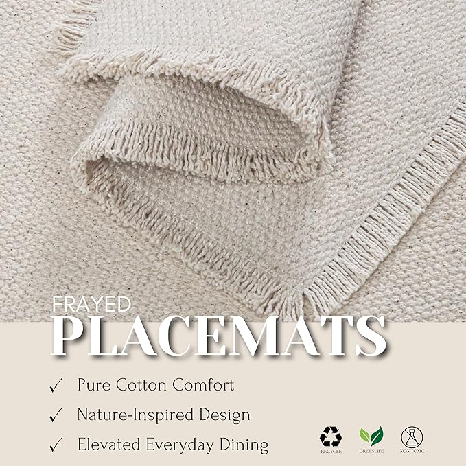 Hausattire Cotton Frayed Placemats Set of 4 Dining Table 14x14 Inch | Rustic Vintage Boho Washable Easter Placemat for Outdoor Parties BBQ's Wedding, Holiday, Special Occasions, Nubby Cotton - Natural