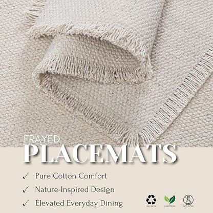 Hausattire Cotton Frayed Placemats Set of 6 Dining Table 13x19 Inch | Rustic Vintage Boho Washable Easter Placemat for Outdoor Parties BBQ's Wedding, Holiday, Nubby Cotton - Natural