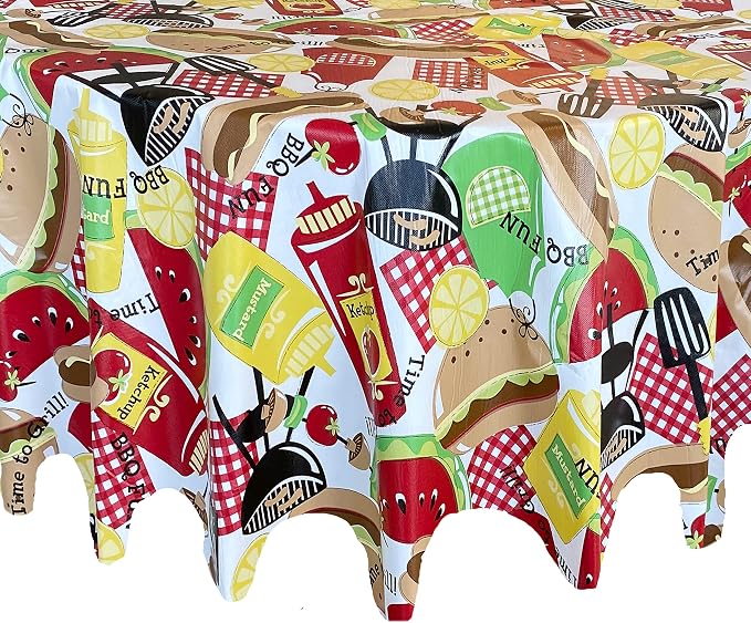 Newbridge Summer Memories Vinyl Tablecloth, 60 Inch x 84 Inch Oval | Retro Barbeque Print, Flannel Backing, Kitschy Nostalgic BBQ Print, Easy Care Indoor Outdoor Table Cover