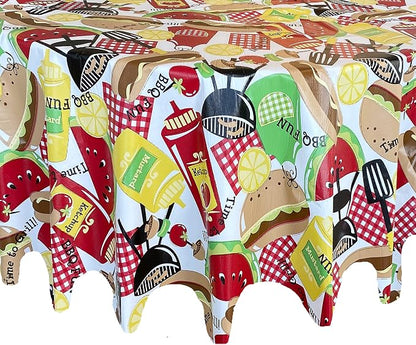 Newbridge Summer Memories Vinyl Tablecloth, 60 Inch x 84 Inch Oval | Retro Barbeque Print, Flannel Backing, Kitschy Nostalgic BBQ Print, Easy Care Indoor Outdoor Table Cover