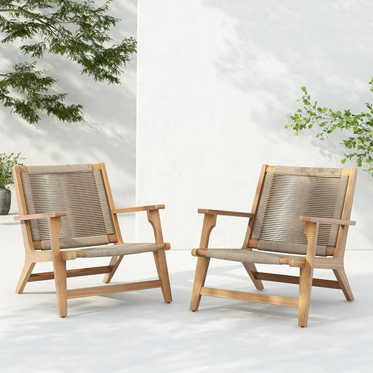Christopher Knight Home Veera Patio Chair Set of 2 with Acacia Wood Frame and Handwoven Rope, Outdoor Lounge Chair, Stylish Outdoor Accent Chair for Garden/Deck/Backyard, Beige + Light Teak