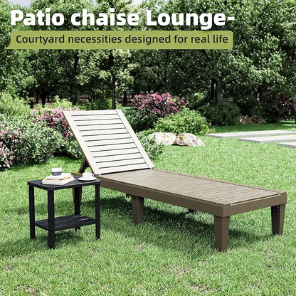 Outdoor Lounge Chairs Set of 2, 5-Position Adjustable Tanning Chairs with Wood Grain, All-Weather Resin Patio Recliners for Pool, Garden, Deck, Beach, Patio Lounge Chairs, Texture Grey