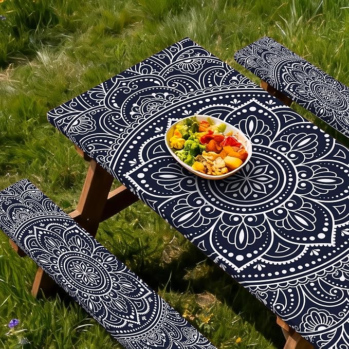 Picnic Table Cover with Bench Covers 6FT 3PCS, Camping Essentials, Rectangle Fitted Camping Tablecloth Waterproof with Elastic Edge for Indoor Outdoor Patio, 60in, Black and White