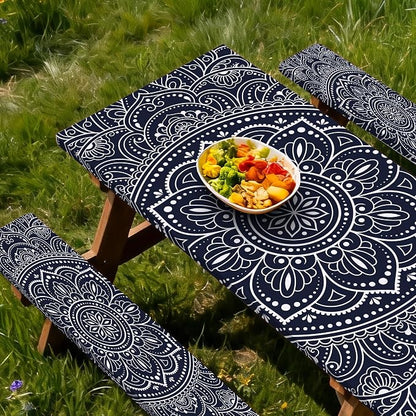 Picnic Table Cover with Bench Covers 6FT 3PCS, Camping Essentials,Rectangle Fitted Camping Tablecloth Waterproof with Elastic Edge for Indoor Outdoor Patio, 96in, Black and White