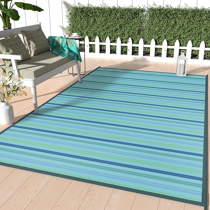 GENIMO Outdoor Rug, Waterproof Plastic Rugs for Patio, 6'x9' Light Blue | Outside Larger Modern Carpet Mat for Porch Decor, Deck, Balcony, Camping, RV, Backyard, Picnic, Beach, Reversible, Foldable
