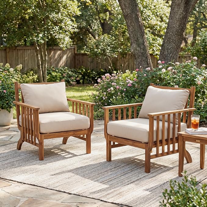 Christopher Knight Home Acacia Wood Outdoor Patio Club Chair Set of 2, Mid Century Modern Deep Seating Lounge Chairs with Armrests, Cushions & Back Pillows for Porch Balcony Backyard, Natural+Beige
