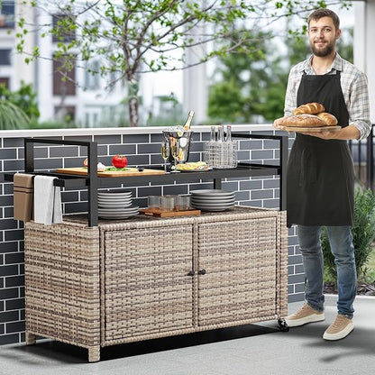 YITAHOME XL Outdoor Storage Cabinet, Outdoor Storage Cart with Wheels and Black Glass Table Top for Patio, Outdoor Cabinet for Poolside and Backyard (Light Brown)