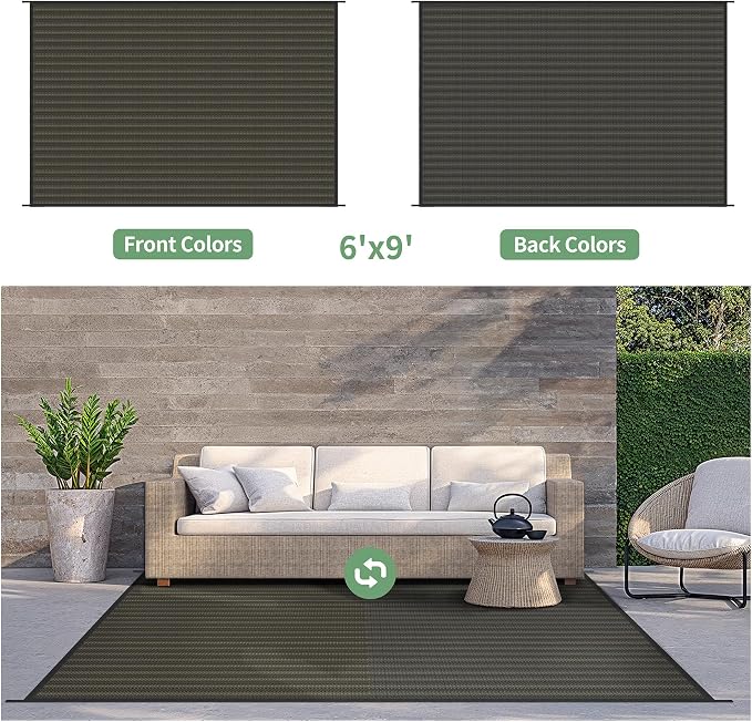 GENIMO Outdoor Rug, Waterproof Plastic Rugs for Patio, 6'x9' Ebony Brown | Outside Larger Modern Carpet Mat for Porch Decor, Deck, Balcony, Camping, RV, Backyard, Picnic, Beach, Reversible, Foldable