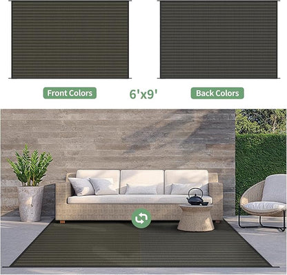 GENIMO Outdoor Rug, Waterproof Plastic Rugs for Patio, 6'x9' Ebony Brown | Outside Larger Modern Carpet Mat for Porch Decor, Deck, Balcony, Camping, RV, Backyard, Picnic, Beach, Reversible, Foldable