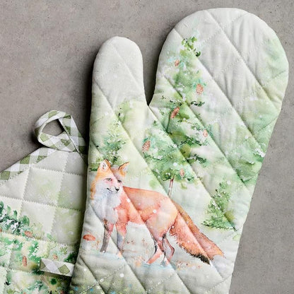 Maison d' Hermine 100% Cotton Oven Mitt & Pot Holder Set (7.5"x13" & 8"x8") | Heat Resistant BBQ Cooking Gloves with Loop Baking Grilling Kitchen Home Farmhouse Thanksgiving Christmas - Winter Mornings