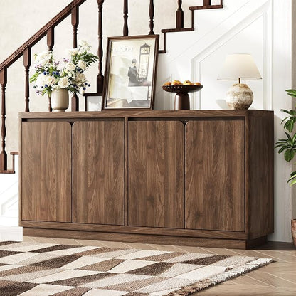 knoworld 63" Buffet Cabinet with Storage & Power Outlet, Wood Sideboard Credenza with Double-Arc Doors, Modern Coffee Bar Console Table for Kitchen Dining Room, Walnut