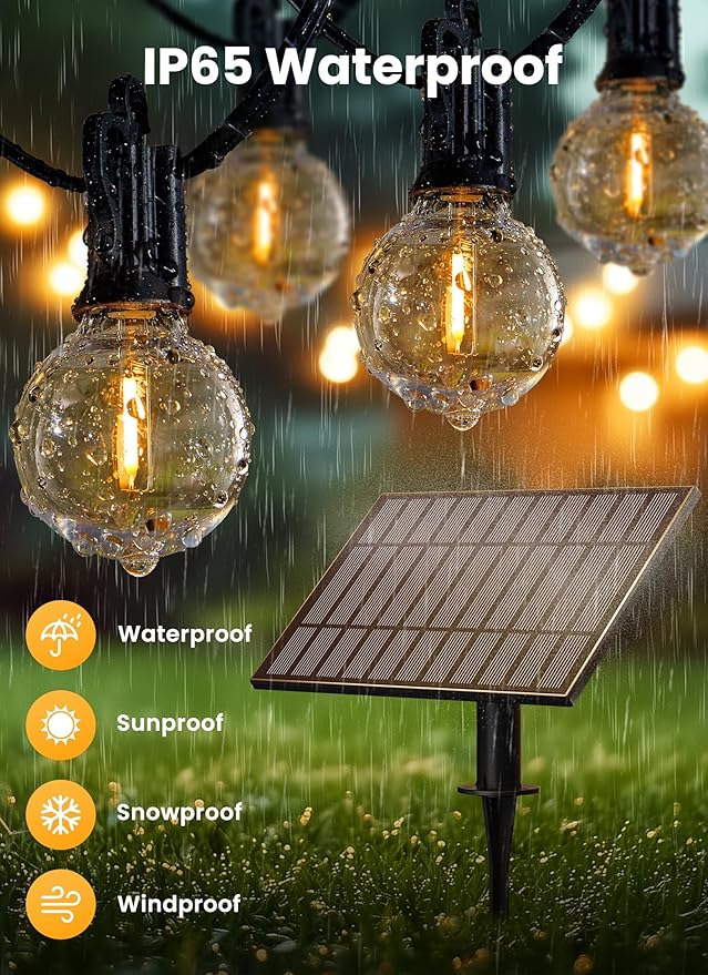 Brightown 58FT 26LED Solar String Lights Outdoor with USB Port, Shatterproof Bulbs, 3 Lighting Modes, Patio Lights Solar Powered for Camping Backyard Garden Decor - Last for 20+Hrs