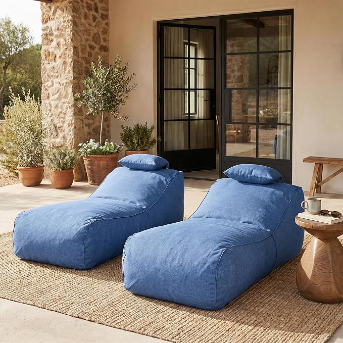 Christopher Knight Home Morton Outdoor Bean Bag Chair Set of 2, Fabric Bean Bag Chair for Adults and Kids, Indoor/Outdoor Sun Lounger with Headrest, Patio Chaise Lounge Chair Set of 2, Navy Blue