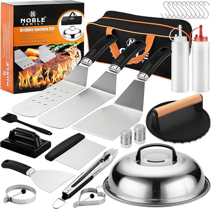 N NOBLE FAMILY 27 PCS Griddle Accessories Kit, Flat Top Grill Accessories Set for Camping, Professional Griddle Spatula Set with Melting Dome, Burger Press for Outdoor BBQ Cooking