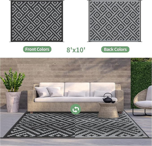 GENIMO Outdoor Rug, Waterproof Plastic Rugs for Patio, 8'x10' Black Grey | Outside Larger Modern Carpet Mat for Porch Decor, Deck, Balcony, Camping, RV, Backyard, Picnic, Beach, Reversible, Foldable