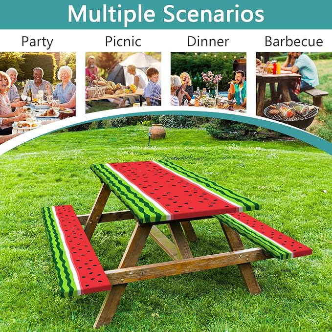 Watermelon Picnic Table Cover with Bench Covers and Bag | Camping Essentials Waterproof Fitted Tables and Seats Set Patio Outdoor Must Haves Stuff Tablecloth Rv Camper 3Pcs 30x60 Inch