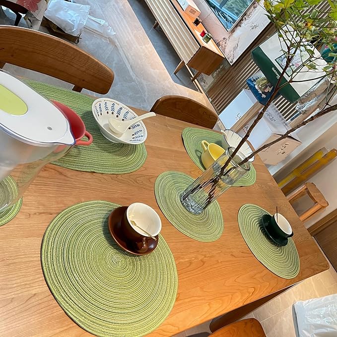 Red-A，Placemats,Round Placemats for Dining Table Set of 6 Woven Heat Resistant Non-Slip Kitchen Table Mats Diameter 14 inch(Green)