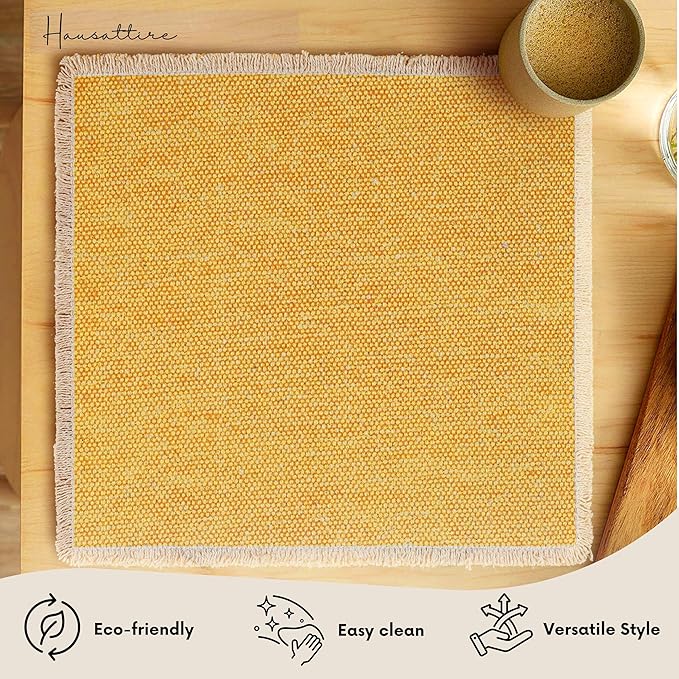 Hausattire Cotton Frayed Placemats Set of 4 Dining Table 14x14 Inch | Rustic Vintage Boho Washable Easter Placemat for Outdoor Parties BBQ's Wedding, Holiday, Special Occasions, Nubby Cotton - Yellow