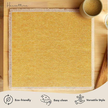 Hausattire Cotton Frayed Placemats Set of 6 Dining Table 14x14 Inch | Rustic Vintage Boho Washable Easter Placemat for Outdoor Parties BBQ's Spring, Holiday, Special Occasions, Nubby Cotton - Yellow
