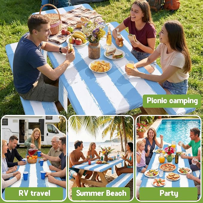 Wrakus Picnic Table Cover with Bench Covers Camping Essentials Waterproof Windproof Patio Outdoor Tablecloth with Storage Bag, Fitted Rectangle Tables and Seats Tablecover for Rv Owner Camper 96in