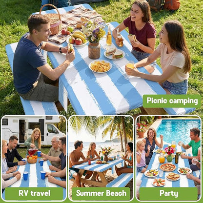 Wrakus Picnic Table Cover with Bench Covers Camping Essentials Waterproof Windproof Patio Outdoor Tablecloth with Storage Bag, Fitted Rectangle Tables and Seats Tablecover for Rv Owner Camper 96in