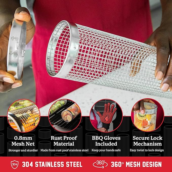 AVIEUS GRILL Rolling Grill Basket | Rolling Grilling Baskets for Outdoor Grilling 2 Pcs | Barbecue Grill Set with BBQ Gloves | Portable Camping Net Rack Perfect for Vegetables, Seafood & Meat
