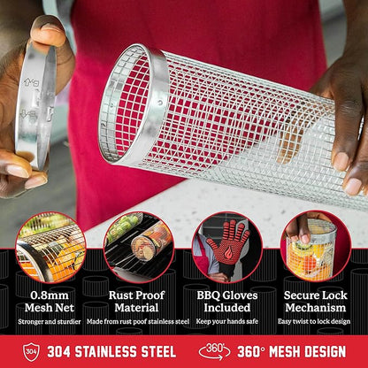 AVIEUS GRILL Rolling Grill Basket | Rolling Grilling Baskets for Outdoor Grilling 2 Pcs | Barbecue Grill Set with BBQ Gloves | Portable Camping Net Rack Perfect for Vegetables, Seafood & Meat
