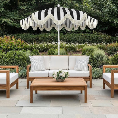 JONATHAN Y UMB1001 Collins 9 ft. Classic Cottage Tassel Market Patio Umbrella with Auto-Tilt, Crank, Wind Vent and UV Protection