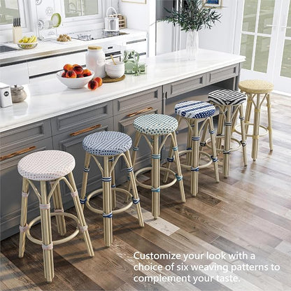 Seadrift Boho 26-inch Aluminum and All-Weather Wicker Barstools with Footrest, Patio Stools & Bar Chairs for Outdoor, Kitchen Counter, Poolside, Yard, Set of 2, Navy Blue and White