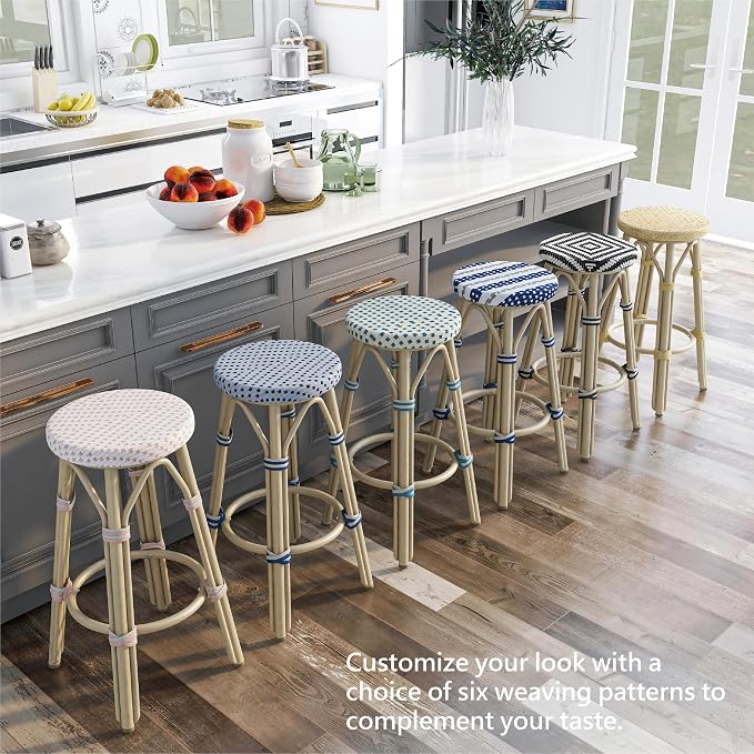 Seadrift Boho 26-inch Aluminum and All-Weather Wicker Barstools with Footrest, Patio Stools & Bar Chairs for Outdoor, Kitchen Counter, Poolside, Yard, Set of 2, Natural
