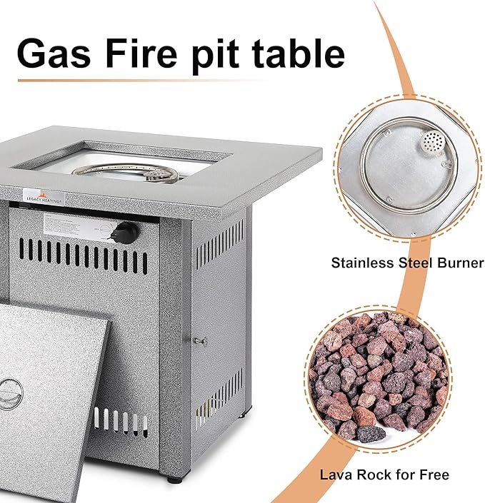 LEGACY HEATING Gas Fire Pit Table 28 inch Outdoor Propane Fire Pit Table, 50000 BTU 28" Square Fire Table with Lid & Lava Rock, Silver Grey Texture, for Outside Patio Yard Party Balcony and Lawn