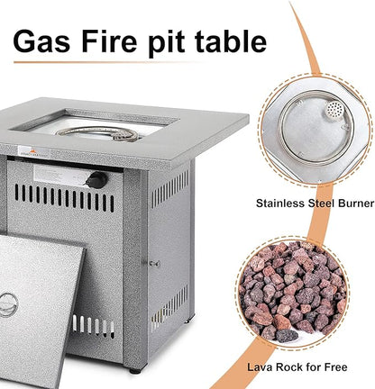 Fire Pit Table, Gas Firepit Square Steel Fire Pit Outdoor Fireplace for Patio with Pulse Ignition System, Small Fire Pit for Deck and Garden, 50000BTU, Silver Grey